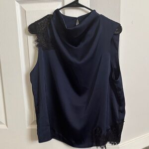 Evereve Navy Satin Sleeveless Cowl Neck Top with Lace